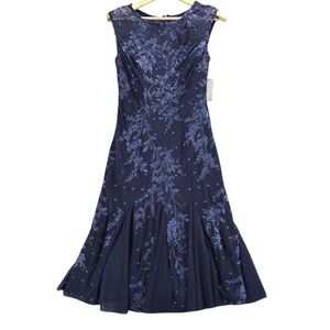 Alex Evenings Navy Blue Embroidered Mesh Cocktail Dress 6P NWT - Style 82171198